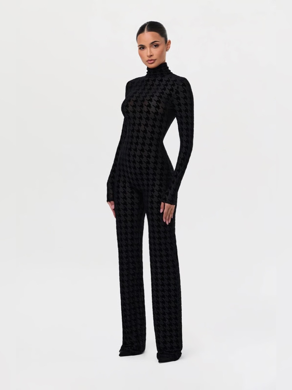 NAKED WARDROBE Burnout Houndstooth Long Sleeve Jumpsuit